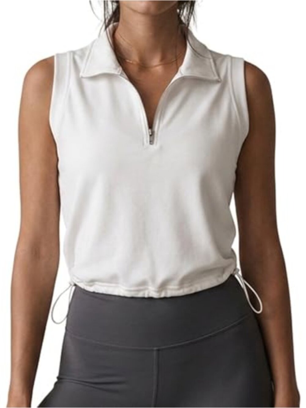 Collared Sleeveless Half Zip Cropped Tank Top Drawstring Athletic Shirt